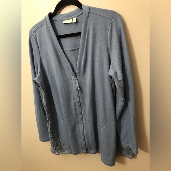 LOGO By Lori Goldstein Full Zip V Neck Lace Back Cardigan Sweater Size Large - Picture 4 of 15